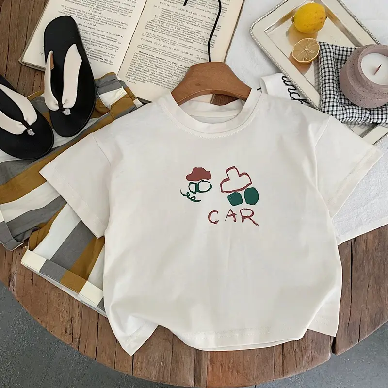 Children's Cotton T-Shirt White Cartoon Car Design Medium — feature 1