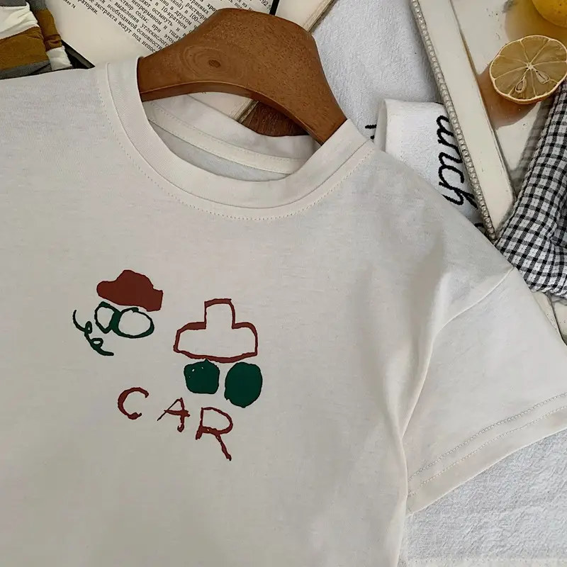 Children's Cotton T-Shirt White Cartoon Car Design Medium — feature 2