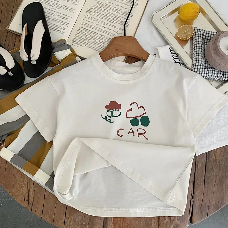 Children's Cotton T-Shirt White Cartoon Car Design Medium — feature 3