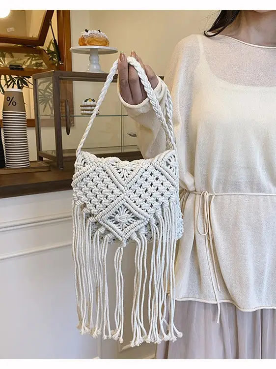 Handmade Cotton Rope Crossbody Bag with Tassels