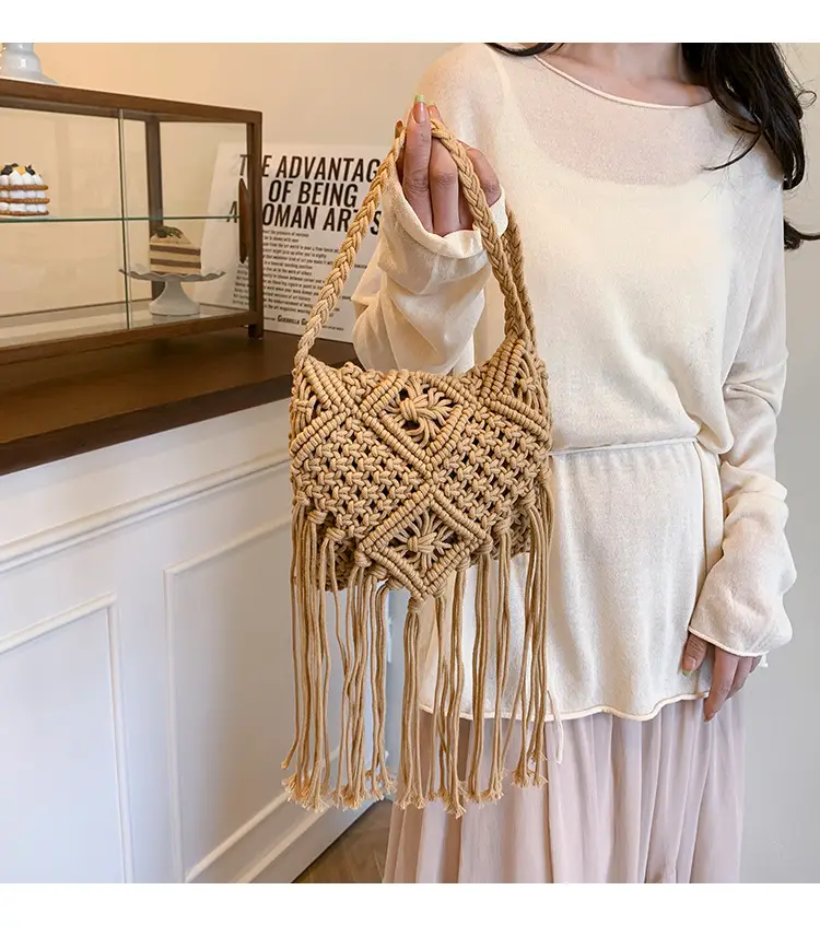 Handmade Cotton Rope Crossbody Bag with Tassels — feature 1