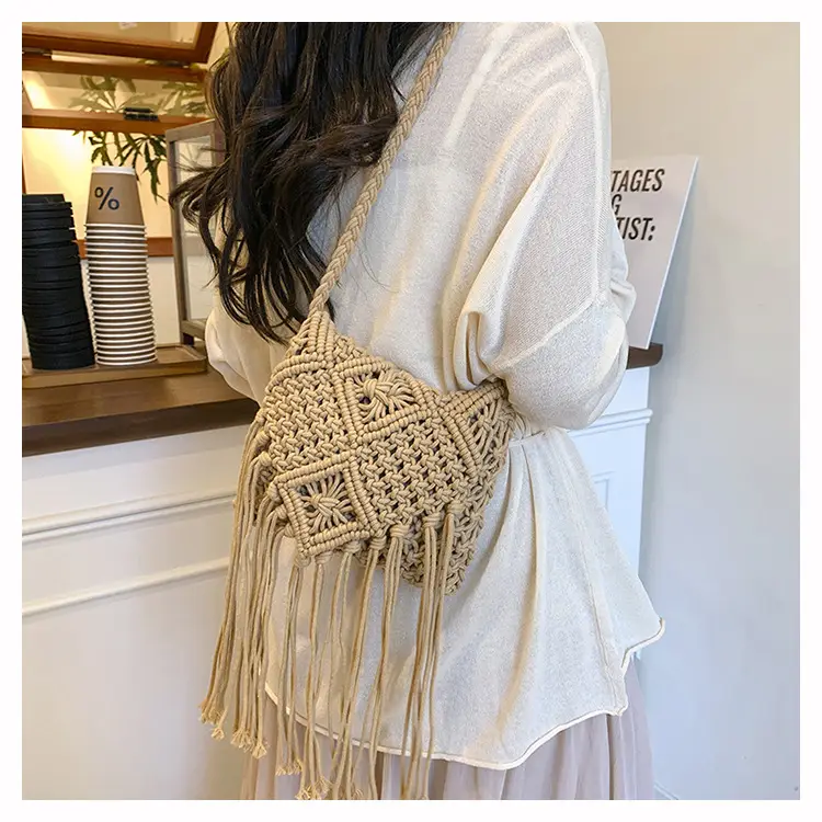 Handmade Cotton Rope Crossbody Bag with Tassels — feature 11