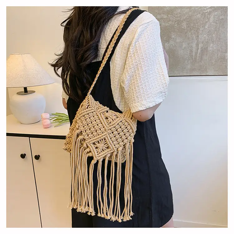 Handmade Cotton Rope Crossbody Bag with Tassels — feature 14
