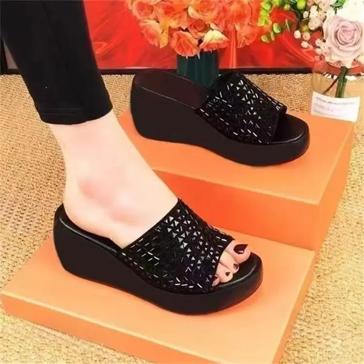 Women's Black Sparkly Wedge Sandals Summer