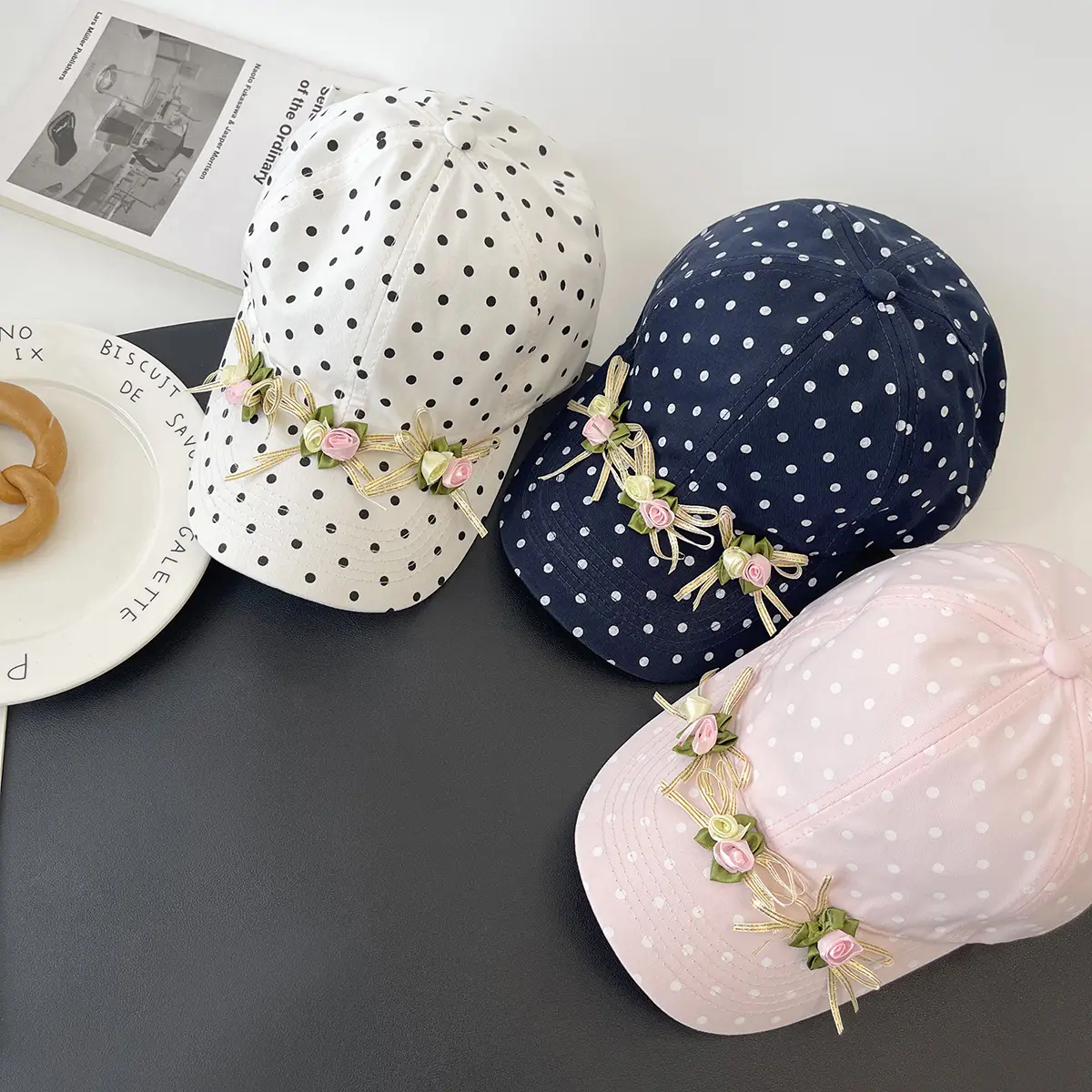 Women's Black Polka Dot Bow Cap Spring Summer Thin Breathable - Image 7