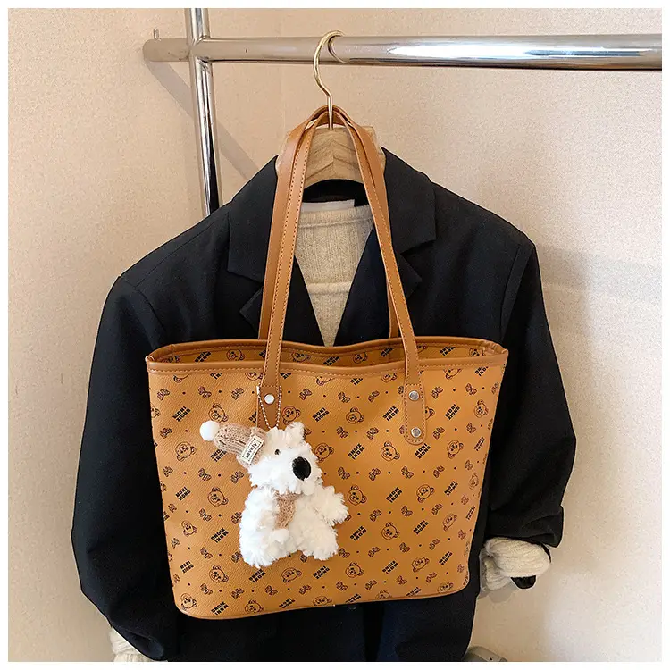 Women New Niche Tan Shoulder Tote Bag with Teddy Bear