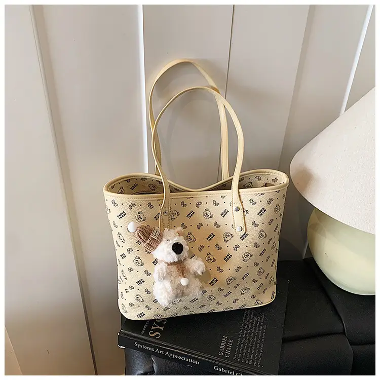 Women New Niche Tan Shoulder Tote Bag with Teddy Bear