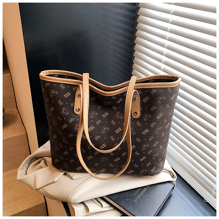 Women New Niche Tan Shoulder Tote Bag with Teddy Bear