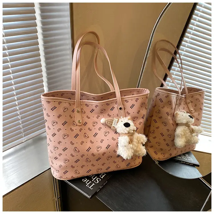 Women New Niche Tan Shoulder Tote Bag with Teddy Bear