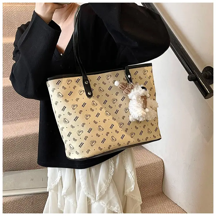 Women New Niche Tan Shoulder Tote Bag with Teddy Bear — feature 1