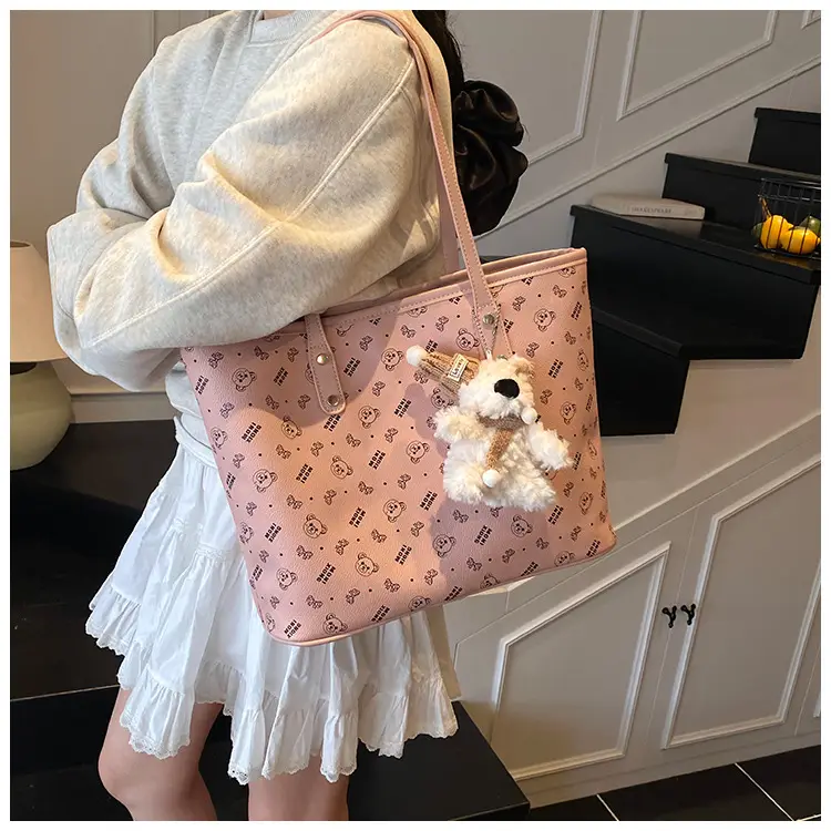 Women New Niche Tan Shoulder Tote Bag with Teddy Bear — feature 13