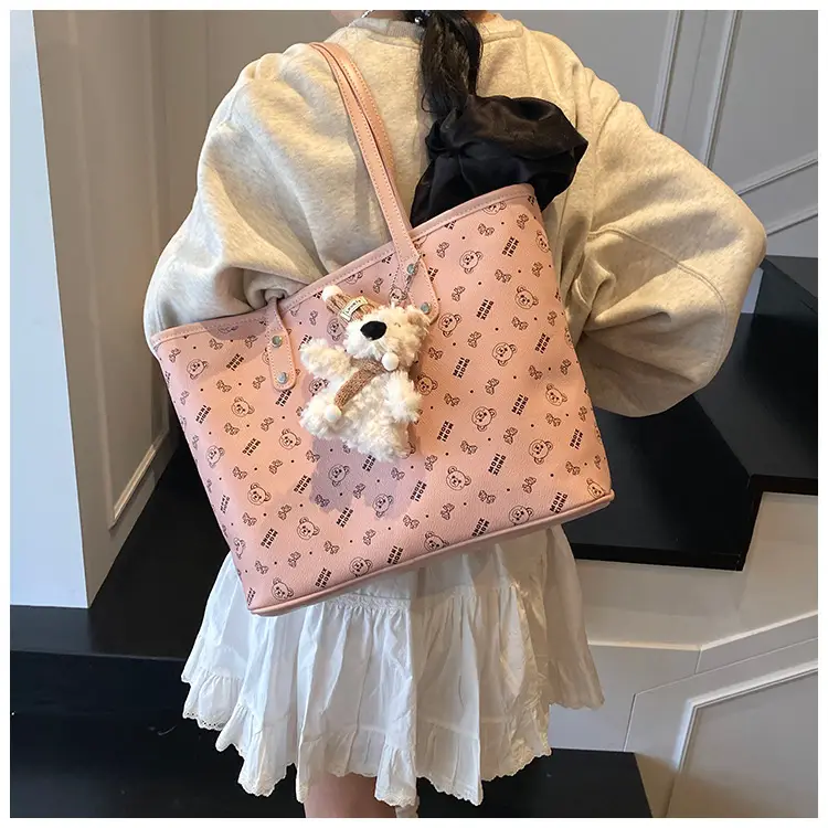 Women New Niche Tan Shoulder Tote Bag with Teddy Bear — feature 14