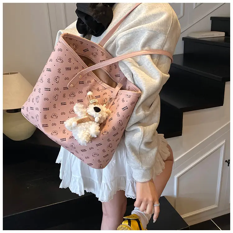 Women New Niche Tan Shoulder Tote Bag with Teddy Bear — feature 15