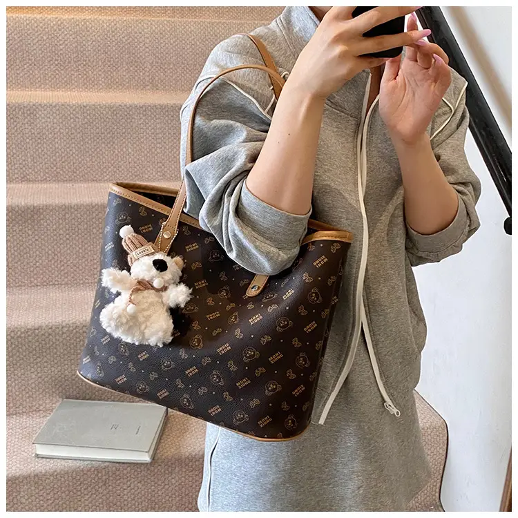 Women New Niche Tan Shoulder Tote Bag with Teddy Bear — feature 17