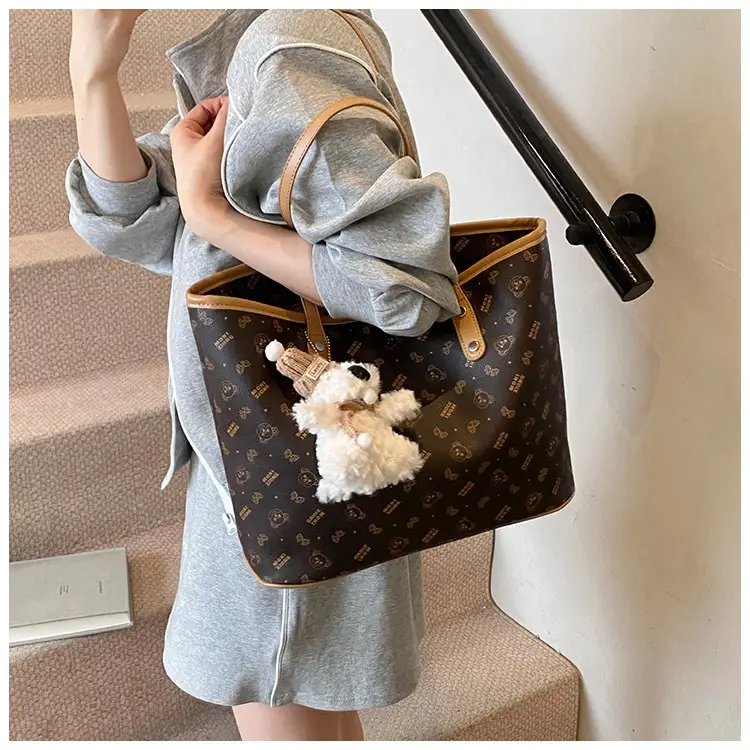 Women New Niche Tan Shoulder Tote Bag with Teddy Bear — feature 18
