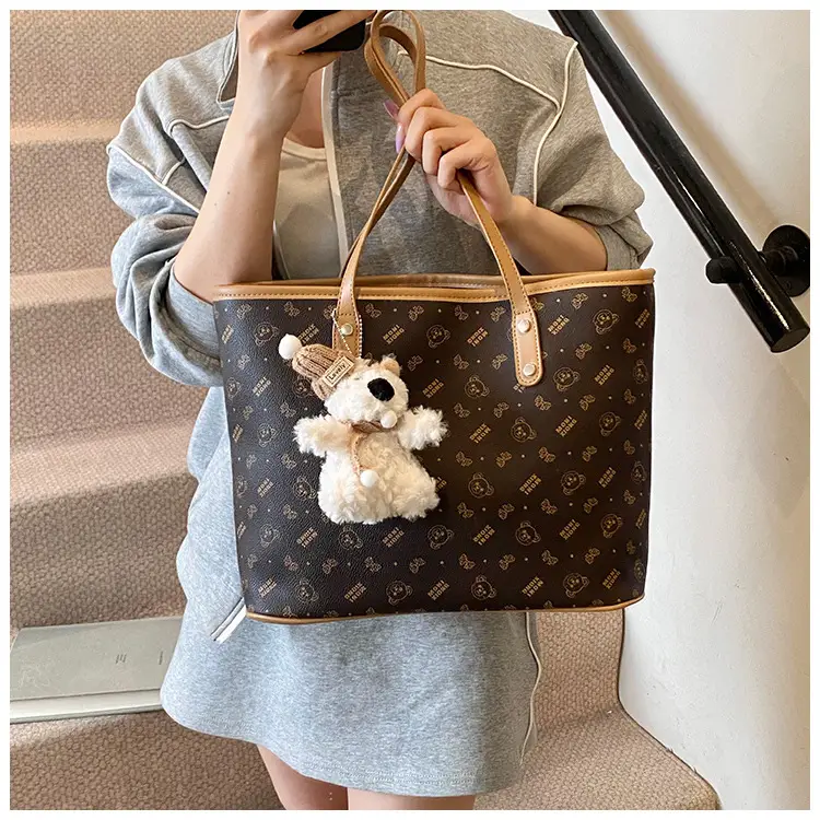 Women New Niche Tan Shoulder Tote Bag with Teddy Bear — feature 19