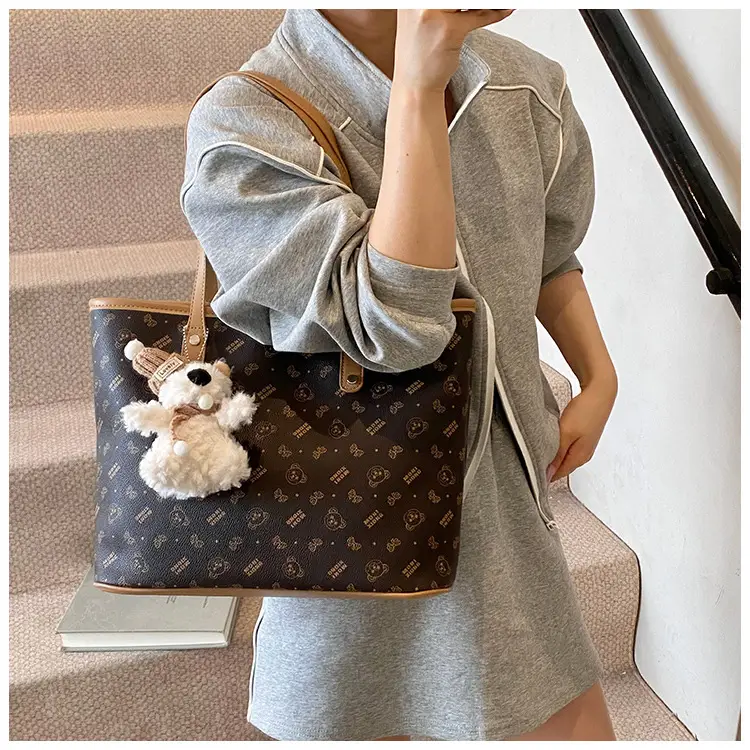 Women New Niche Tan Shoulder Tote Bag with Teddy Bear — feature 20
