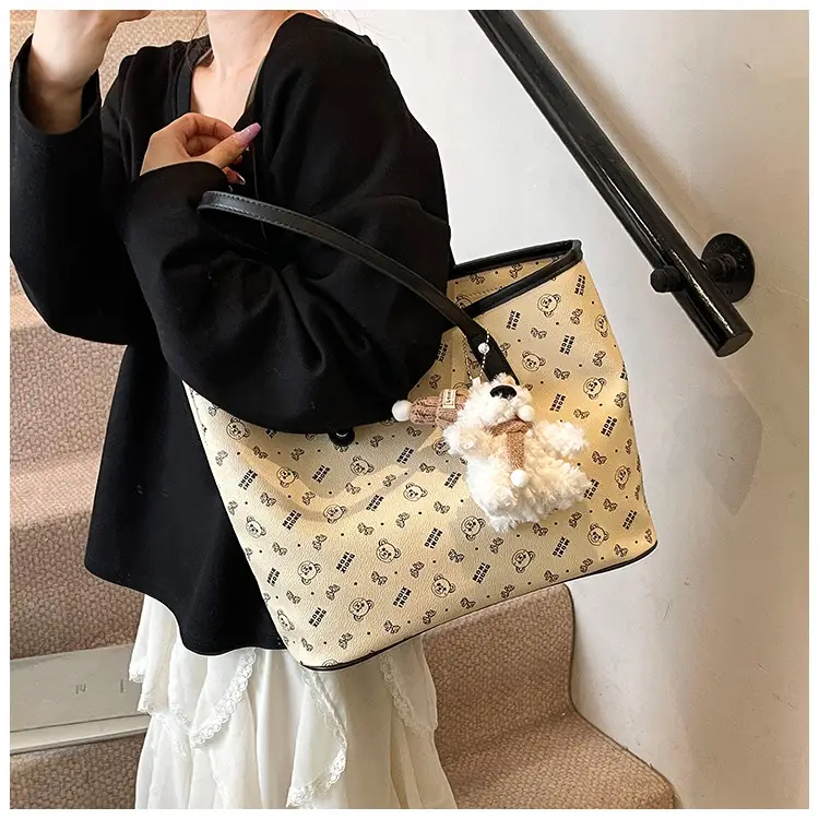 Women New Niche Tan Shoulder Tote Bag with Teddy Bear — feature 22
