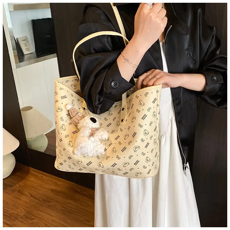 Women New Niche Tan Shoulder Tote Bag with Teddy Bear — feature 24