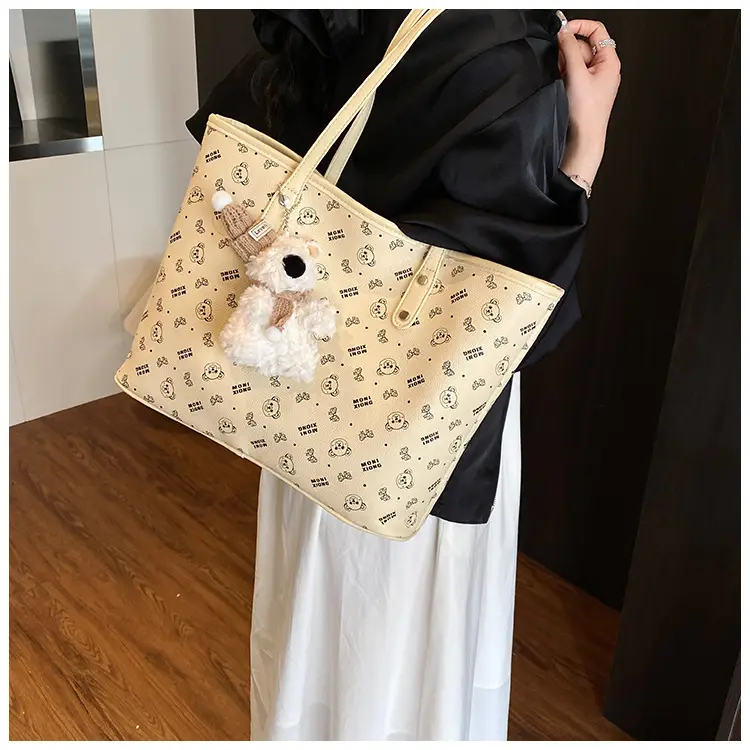 Women New Niche Tan Shoulder Tote Bag with Teddy Bear — feature 25