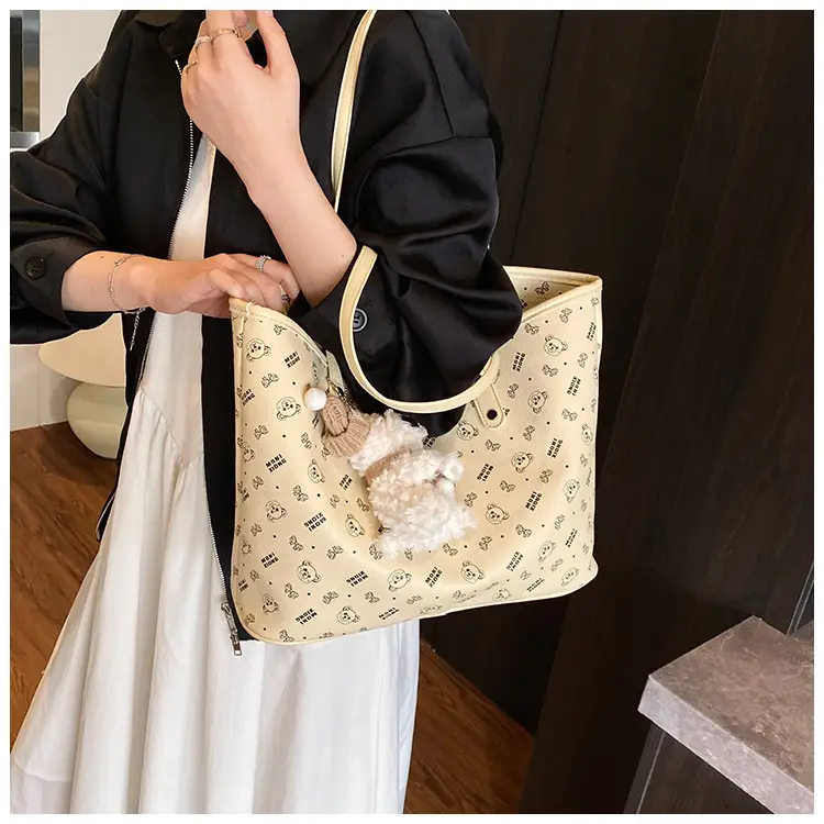 Women New Niche Tan Shoulder Tote Bag with Teddy Bear — feature 26