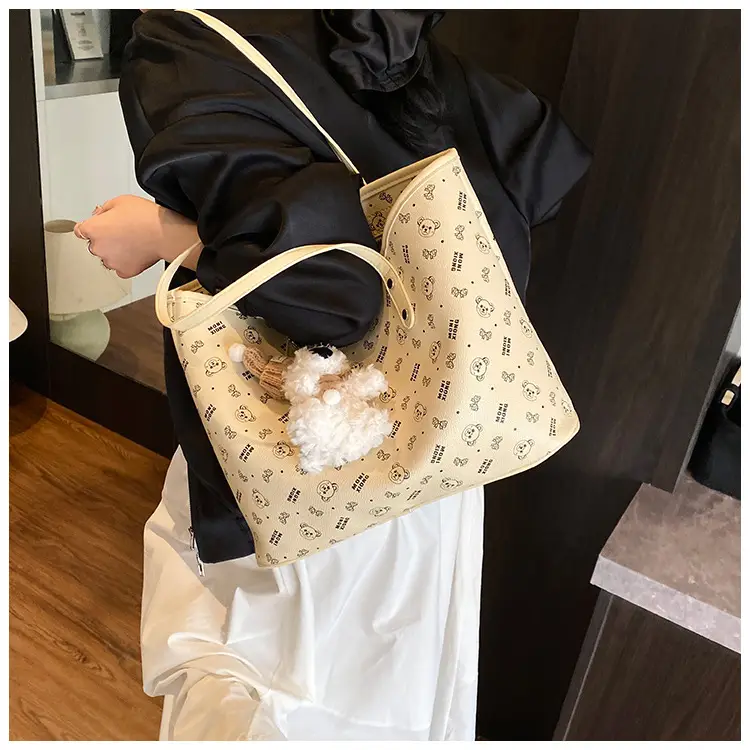 Women New Niche Tan Shoulder Tote Bag with Teddy Bear — feature 27