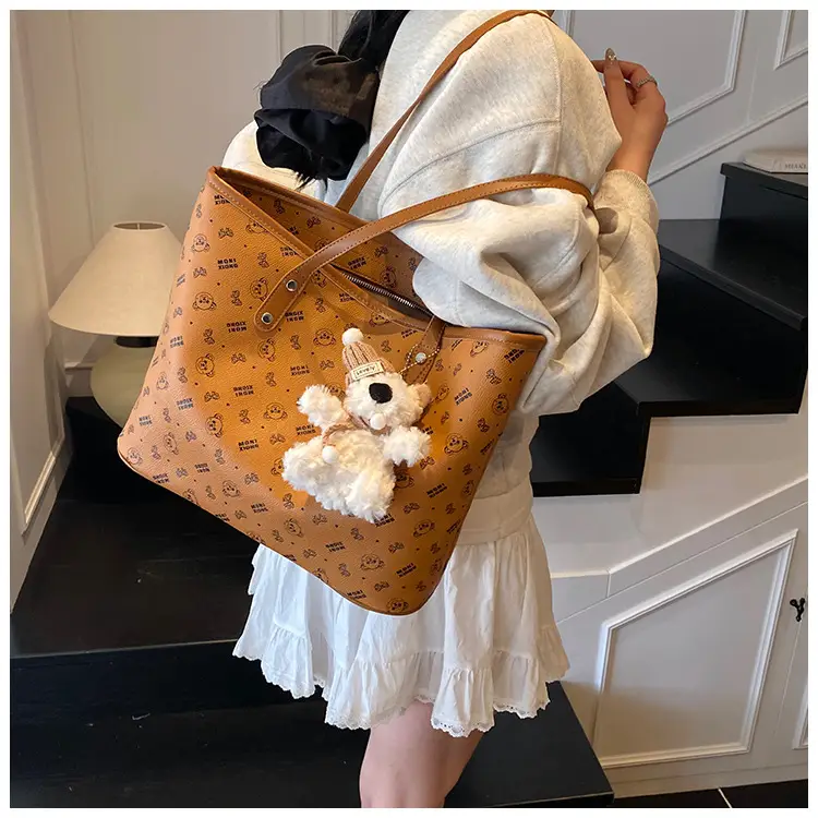 Women New Niche Tan Shoulder Tote Bag with Teddy Bear — feature 28
