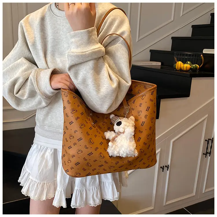 Women New Niche Tan Shoulder Tote Bag with Teddy Bear — feature 29