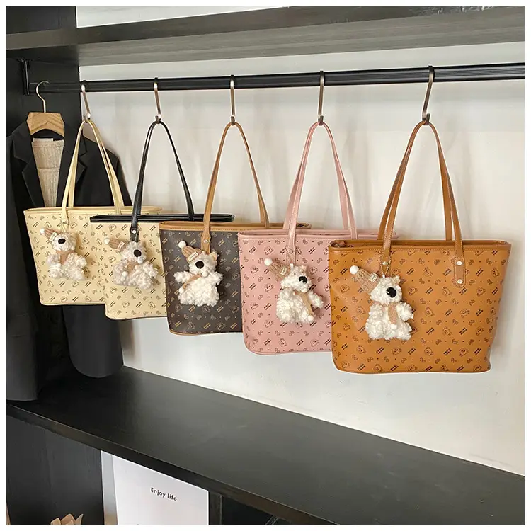 Women New Niche Tan Shoulder Tote Bag with Teddy Bear — feature 3