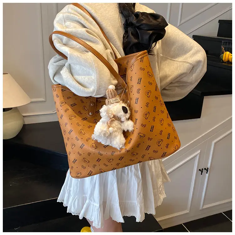 Women New Niche Tan Shoulder Tote Bag with Teddy Bear — feature 30