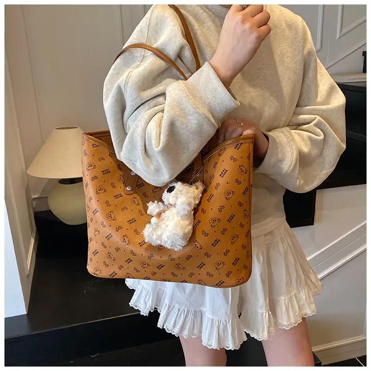 Women New Niche Tan Shoulder Tote Bag with Teddy Bear — feature 31