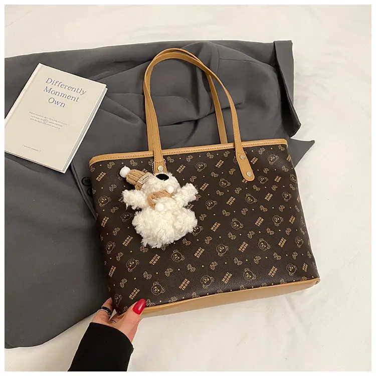 Women New Niche Tan Shoulder Tote Bag with Teddy Bear — feature 34