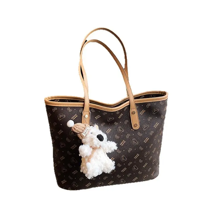 Women New Niche Tan Shoulder Tote Bag with Teddy Bear
