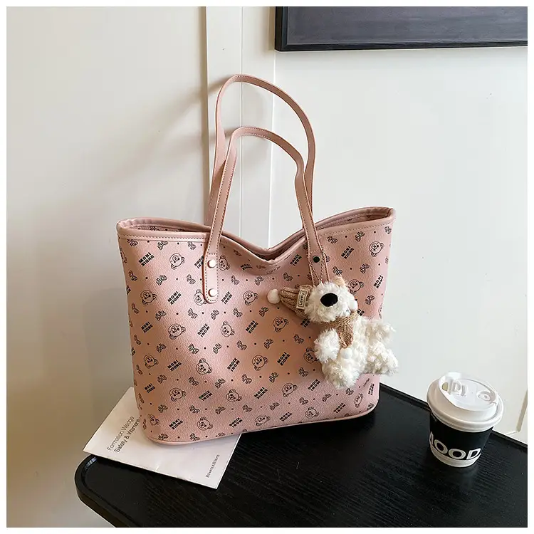 Women New Niche Tan Shoulder Tote Bag with Teddy Bear