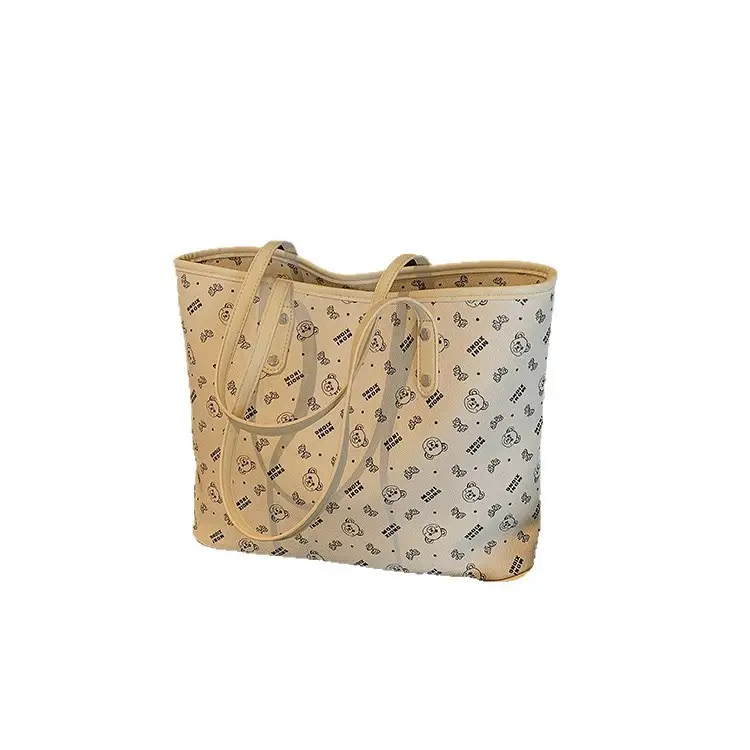 Women New Niche Tan Shoulder Tote Bag with Teddy Bear