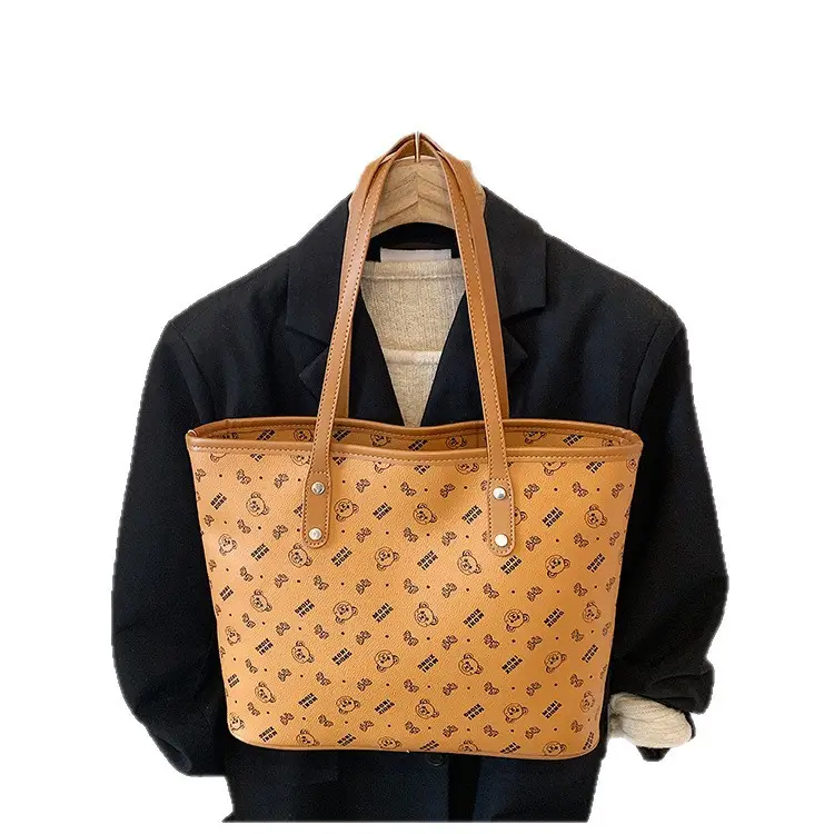 Women New Niche Tan Shoulder Tote Bag with Teddy Bear