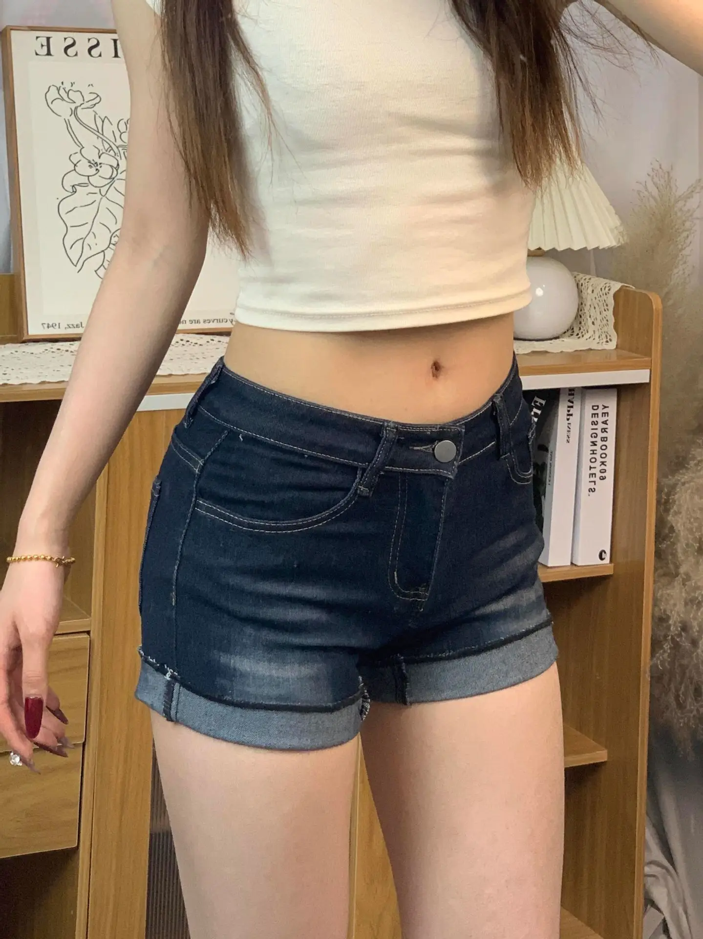 American Hot Girl Dark Blue Super Shorts High Waist — feature 5