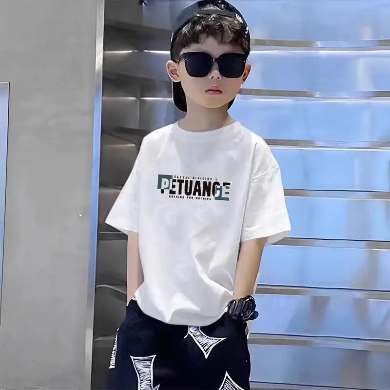 Boys Pure Cotton T-Shirt Set Black White Summer Loose Fit