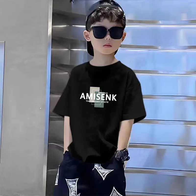 Boys Pure Cotton T-Shirt Set Black White Summer Loose Fit