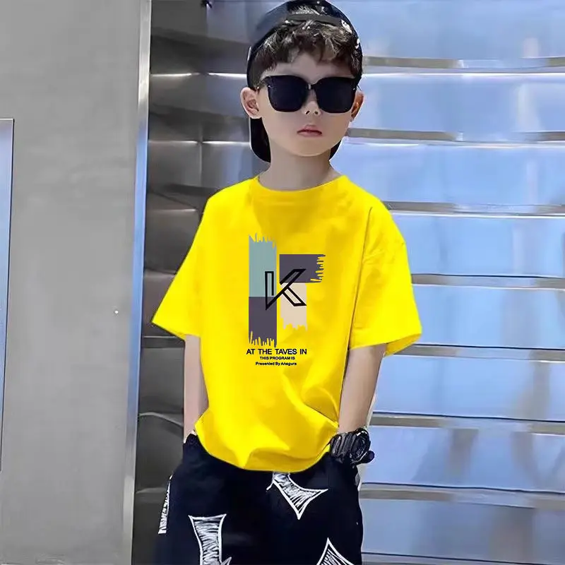 Boys Pure Cotton T-Shirt Set Black White Summer Loose Fit