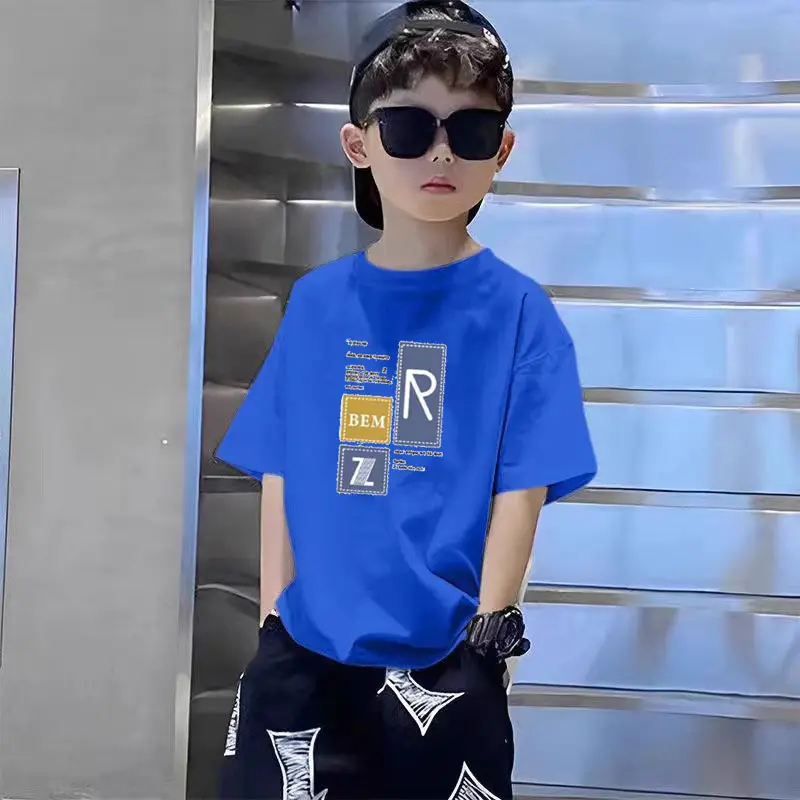 Boys Pure Cotton T-Shirt Set Black White Summer Loose Fit