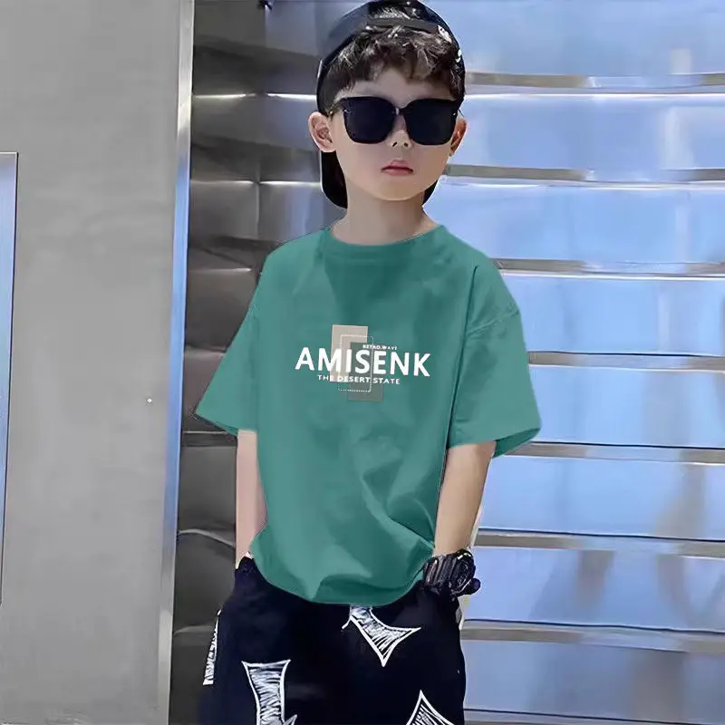 Boys Pure Cotton T-Shirt Set Black White Summer Loose Fit