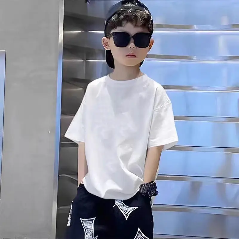 Boys Pure Cotton T-Shirt Set Black White Summer Loose Fit