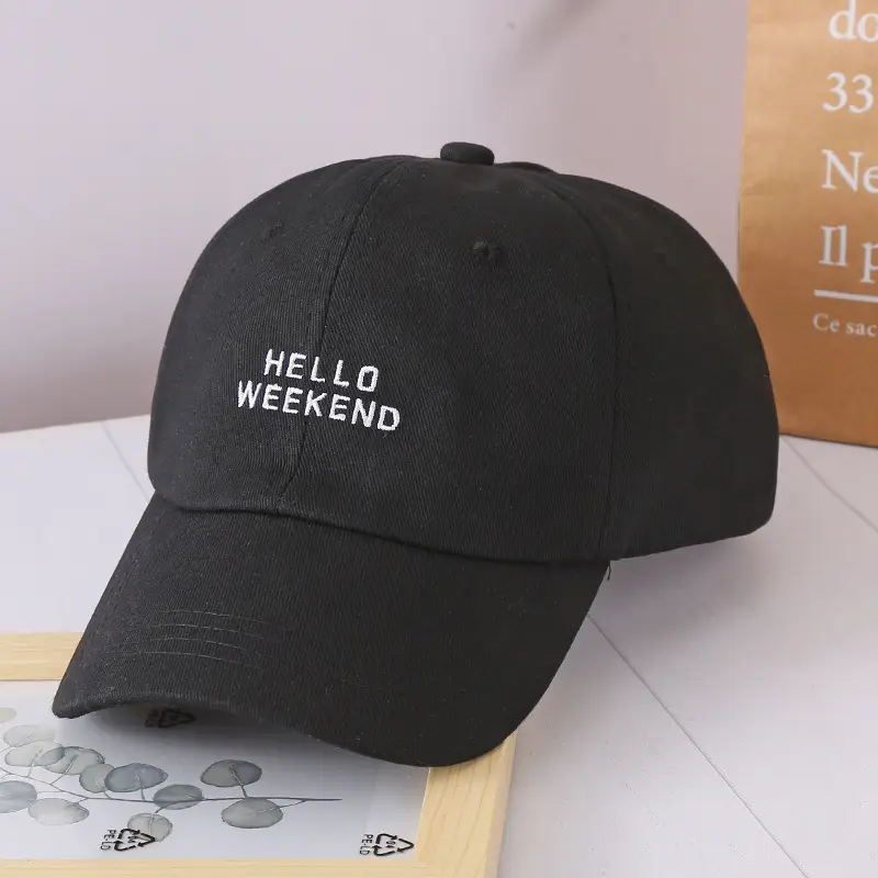Hello Weekend Beige Baseball Cap with Embroidered Text