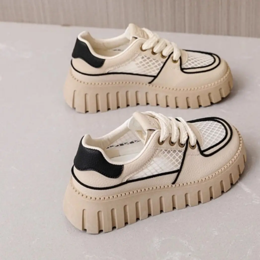 Women Mesh Platform Casual Sneakers White Black 2025