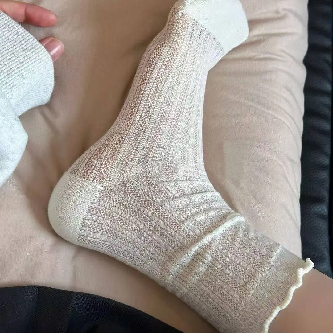 Wood Ear Edge Solid Color Mesh Hollow Socks Women's Mid-length Socks Instagram Trendy Summer Thin Ballet Stocking for Women