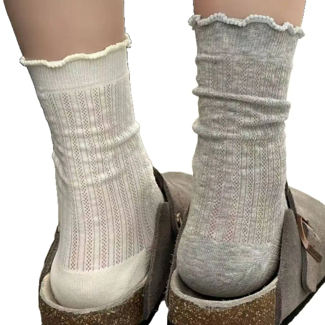 Wood Ear Edge Solid Color Mesh Hollow Socks Women's Mid-length Socks Instagram Trendy Summer Thin Ballet Stocking for Women