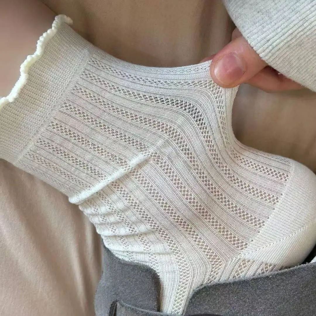 Wood Ear Edge Solid Color Mesh Hollow Socks Women's Mid-length Socks Instagram Trendy Summer Thin Ballet Stocking for Women — feature 2