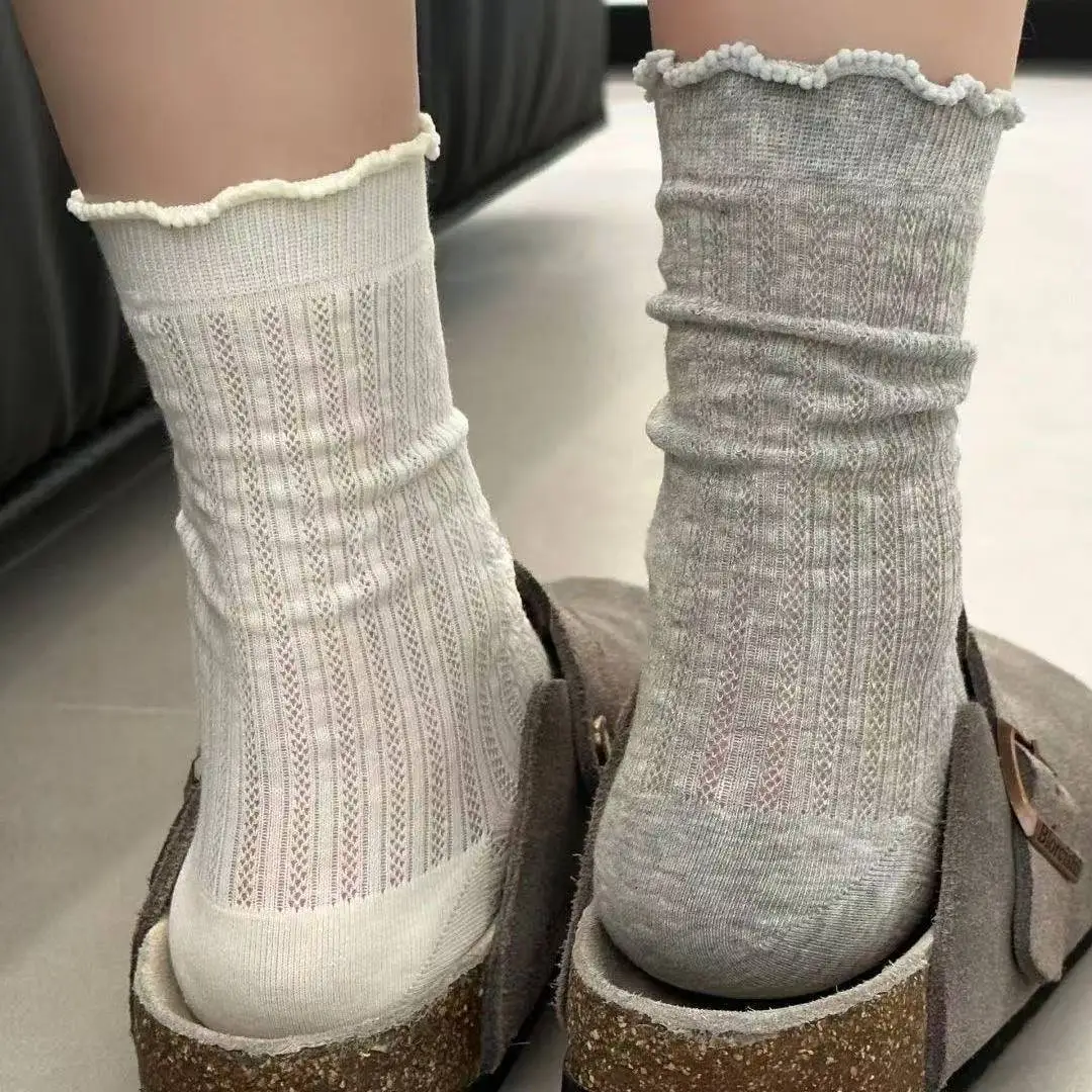 Wood Ear Edge Solid Color Mesh Hollow Socks Women's Mid-length Socks Instagram Trendy Summer Thin Ballet Stocking for Women — feature 5