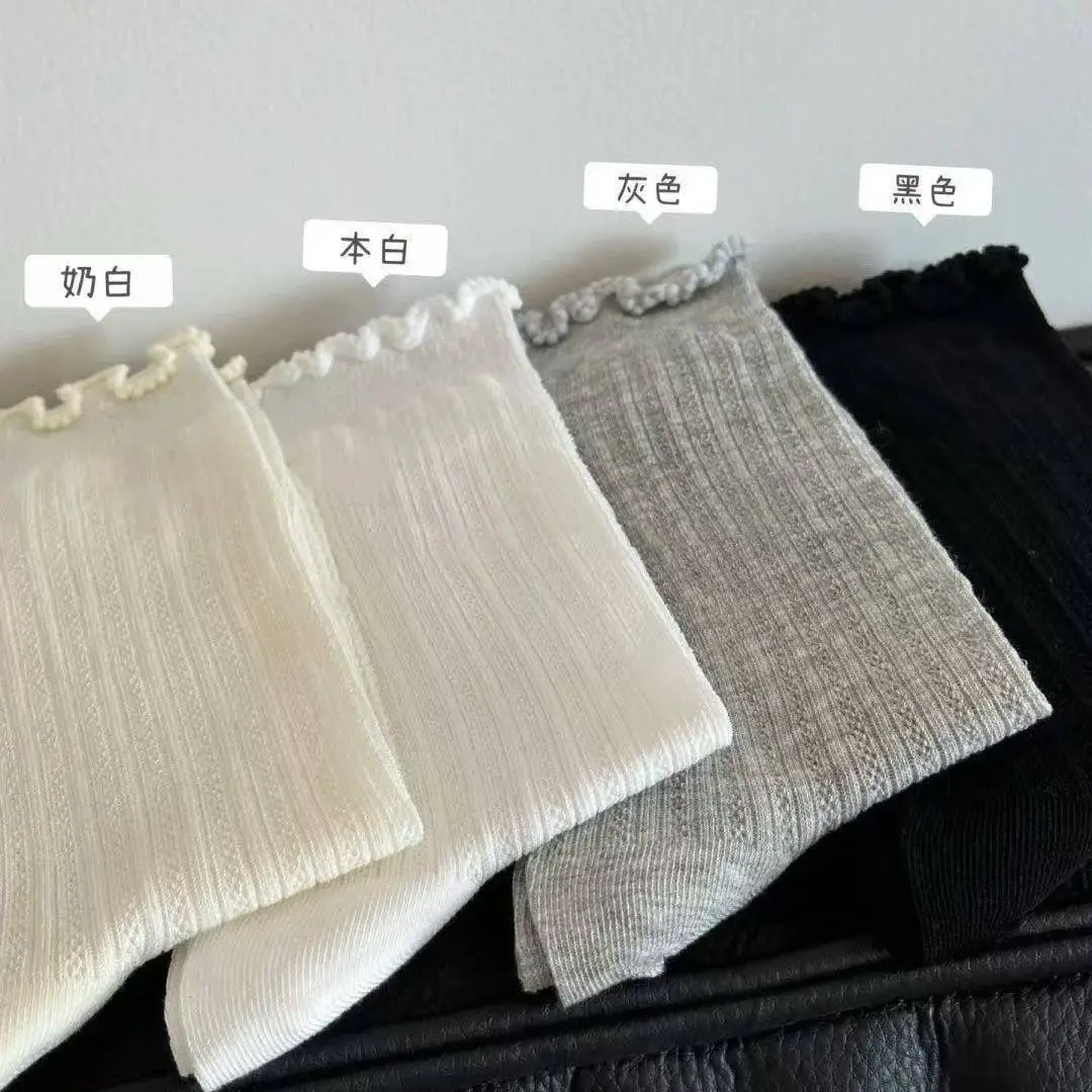 Wood Ear Edge Solid Color Mesh Hollow Socks Women's Mid-length Socks Instagram Trendy Summer Thin Ballet Stocking for Women — feature 6